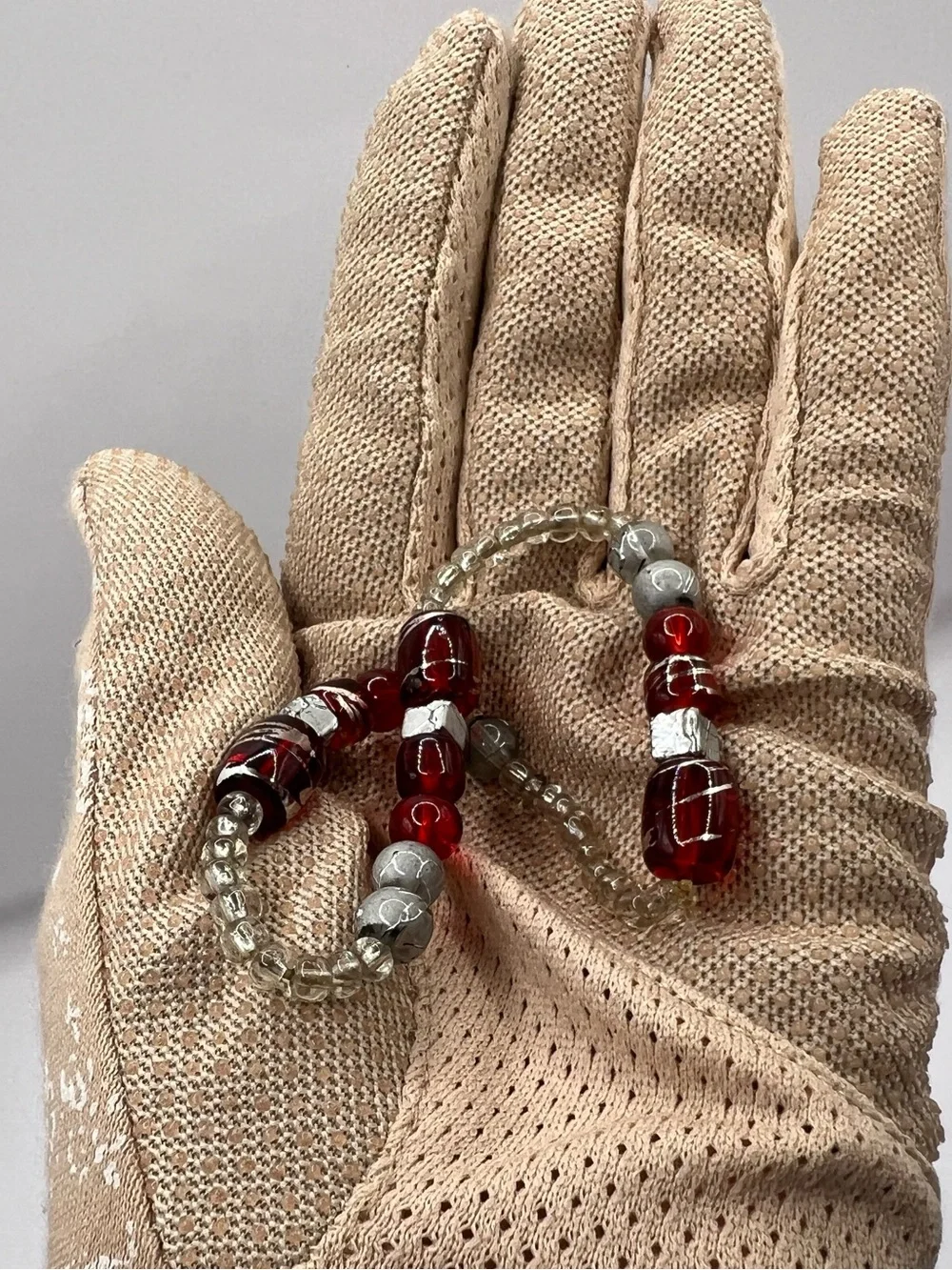 Handmade Red & Silver Glass Beaded Elastic Statement Bracelet